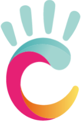 Logo colorato con una mano stilizzata e una forma a C.