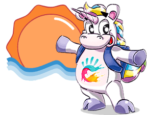 Un unicorno colorato con uno zaino, davanti a un sole stilizzato.