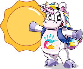 Unicorno colorato con zaino e simbolo di sole, stile cartone animato.