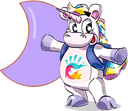 Un unicorno colorato con zaino e mantello, simbolo arcobaleno sul ventre.